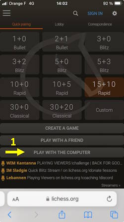 Play chess against the computer on lichess. Step 1.