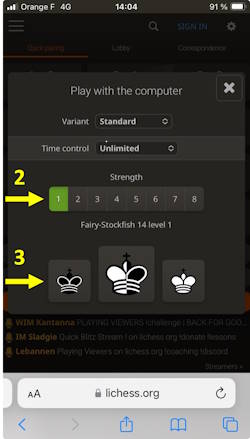Play chess against the computer on lichess. Steps 2 and 3.
